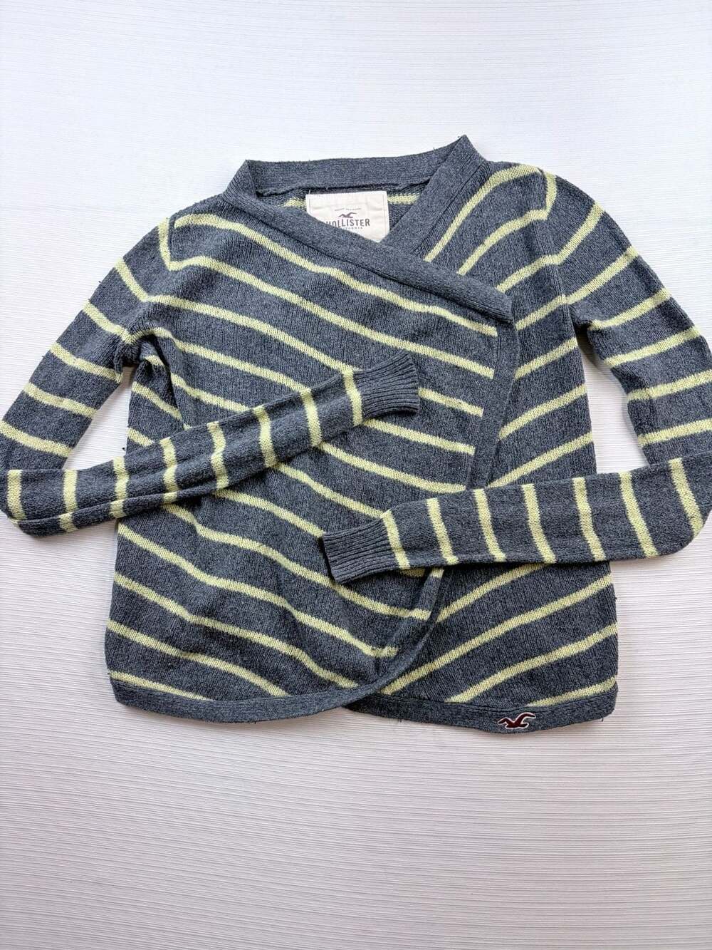 Hollister Cardigan Sweater Size S Gray Yellow Striped Open Front